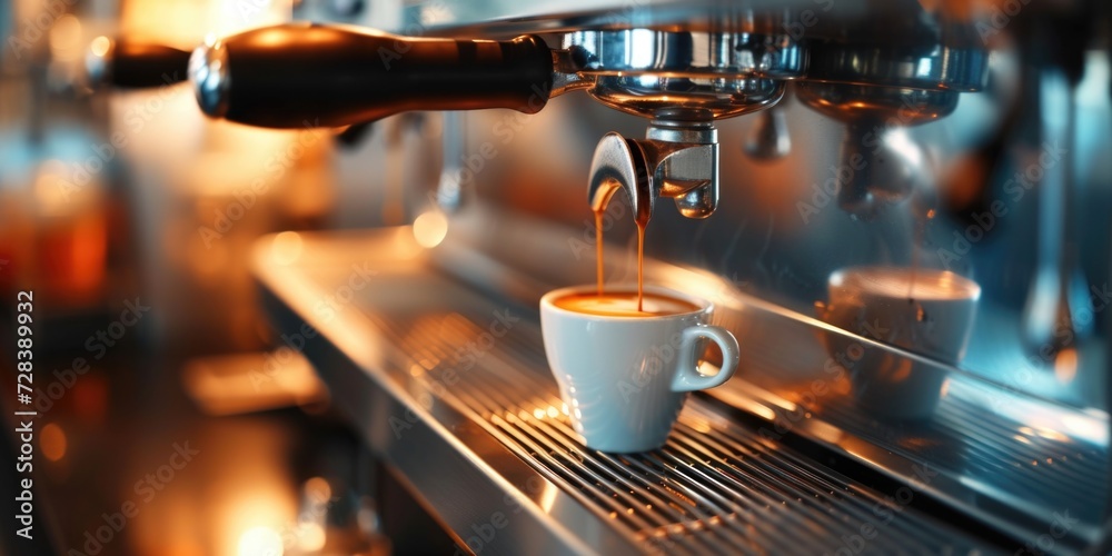 Poster a cup of coffee being poured into a coffee machine. perfect for illustrating the process of making c