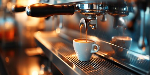 A cup of coffee being poured into a coffee machine. Perfect for illustrating the process of making coffee.