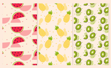 Tropical fruit patters with watermelon, pineapple and kiwi. Vector colored design.