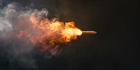 Foto op Plexiglas bullet is shot in the air with a glowing flame, slow motion, on dark background © zgurski1980