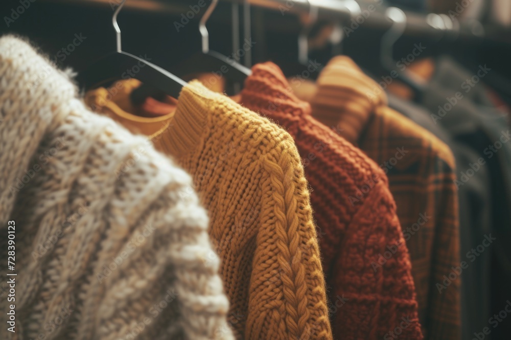 Poster sweaters hanging on a rack, ready to be worn. perfect for showcasing a collection or highlighting di