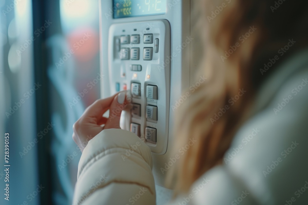 Poster a woman is pressing a button on a machine. this image can be used to illustrate technology, automati