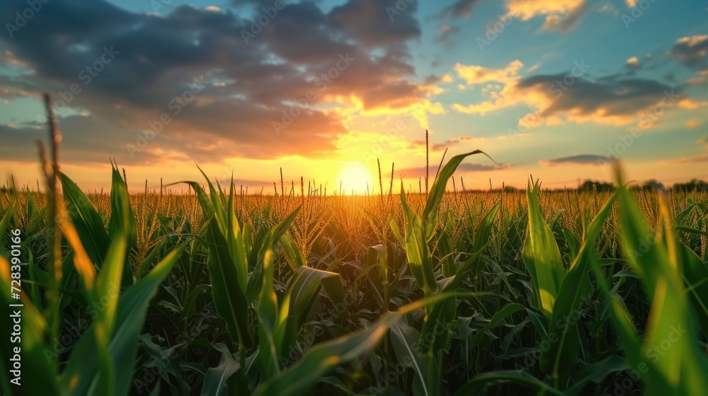 Poster a beautiful sunset with vibrant colors illuminating a field of grass. perfect for nature and landsca