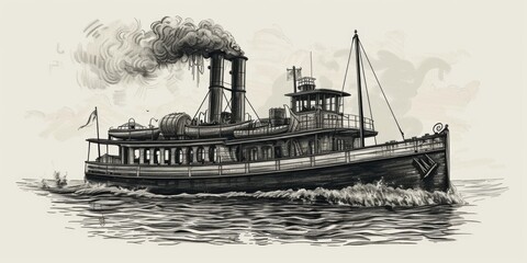 A drawing of a steam ship floating on the water. This image can be used to depict maritime transportation or historical ships - obrazy, fototapety, plakaty