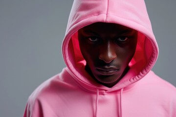 A man wearing a pink hoodie looks directly at the camera. This image can be used to depict casual fashion, urban style, or a confident and approachable individual.
