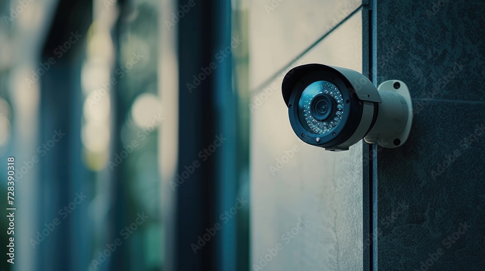 Poster A security camera mounted on the side of a building. Suitable for surveillance and security-related projects