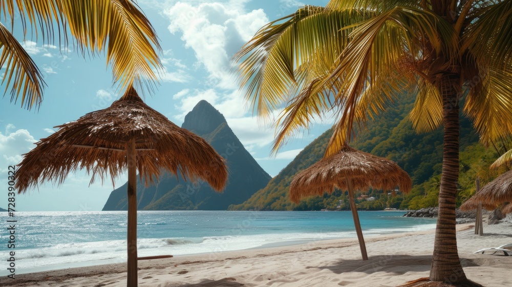 Poster a scenic view of a sandy beach with palm trees and a majestic mountain in the background. perfect fo