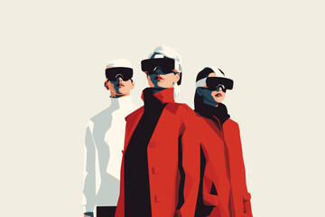 People wearing VR headsets and experiencing virtual reality simulation