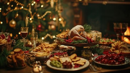 Obraz na płótnie Canvas A festive table set with plates of food next to a beautifully decorated Christmas tree. Perfect for holiday celebrations and family gatherings