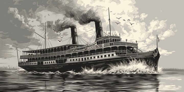 A black and white drawing of a steam ship. Suitable for vintage or nautical-themed designs
