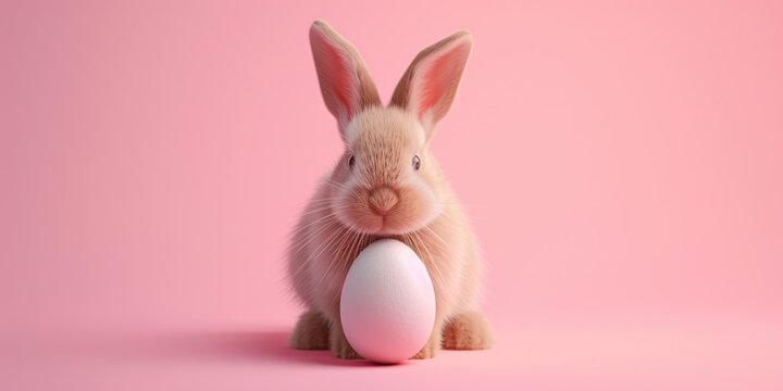 A cute rabbit sitting next to a colorful egg on a vibrant pink background. Perfect for Easter-themed designs and springtime celebrations