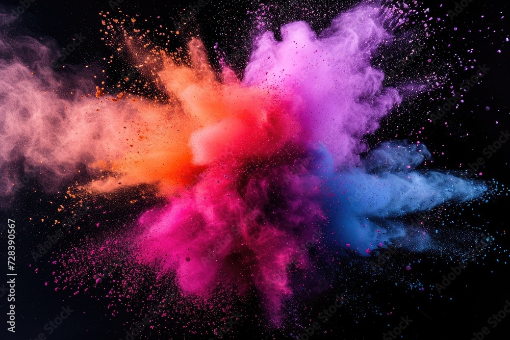 Poster Vibrant powder explosion creating a burst of colors against a dark black background. Perfect for adding a pop of color to any design or project