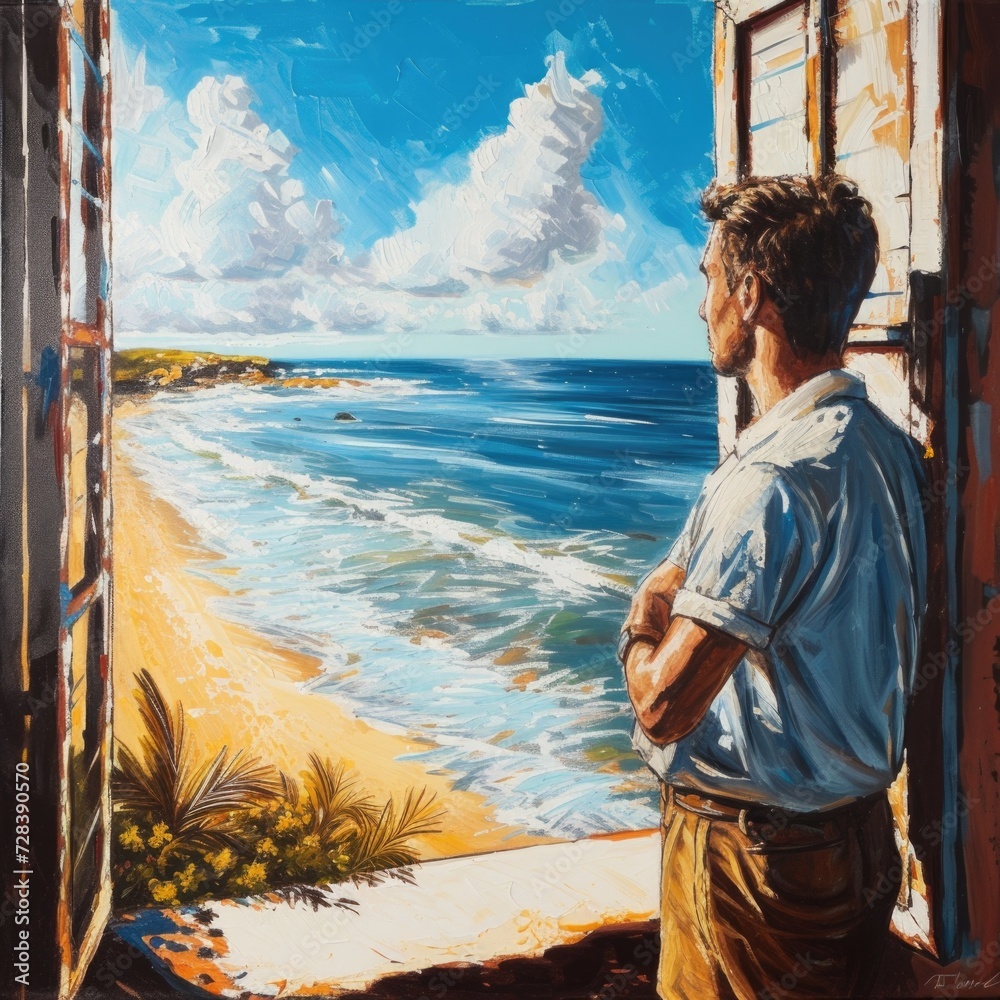 Aufkleber A painting of a man gazing out a window, captivated by the view of the ocean. Perfect for adding a sense of tranquility and contemplation to any project