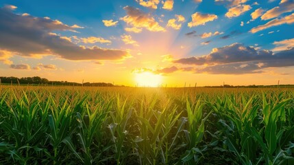 Fototapeta premium A beautiful sunset over a vibrant corn field. Perfect for agricultural, nature, and landscape themes