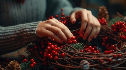 A person carefully placing red berries onto a wreath. Perfect for holiday decorations and festive crafts