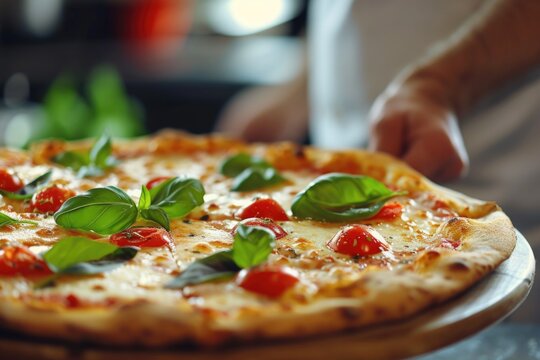 A detailed close-up view of a delicious pizza on a plate. Perfect for food-related projects and advertisements