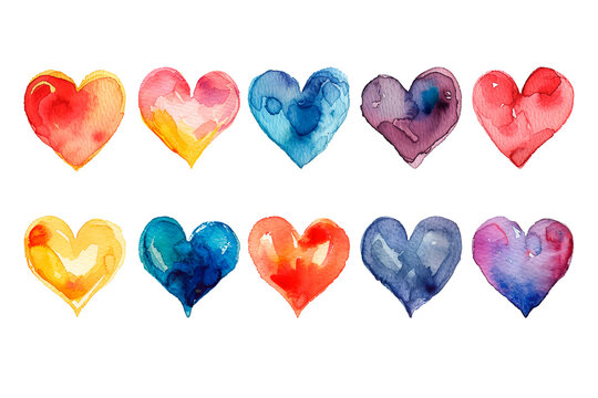 Set of watercolor clipart colored hearts
