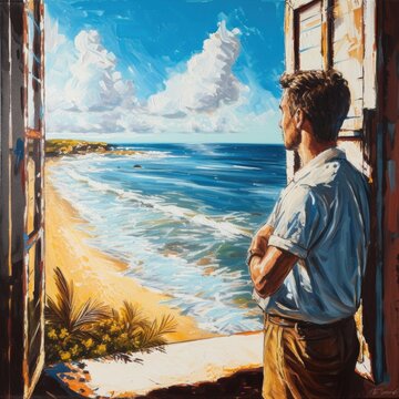 A painting of a man gazing out a window, captivated by the view of the ocean. Perfect for adding a sense of tranquility and contemplation to any project