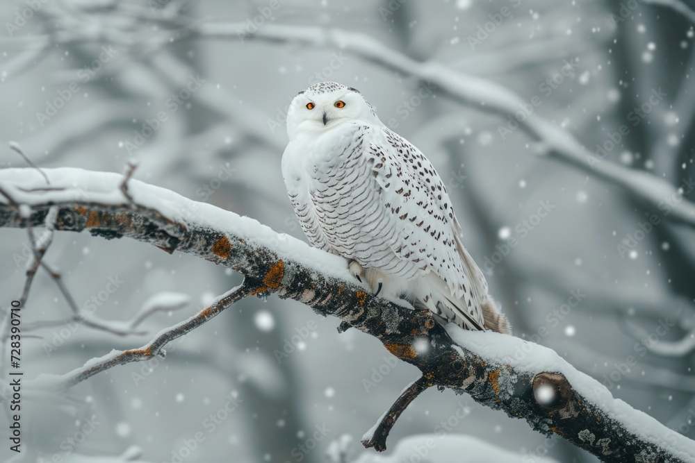 Poster a white owl perched on a branch in a snowy environment. suitable for nature and wildlife-themed proj