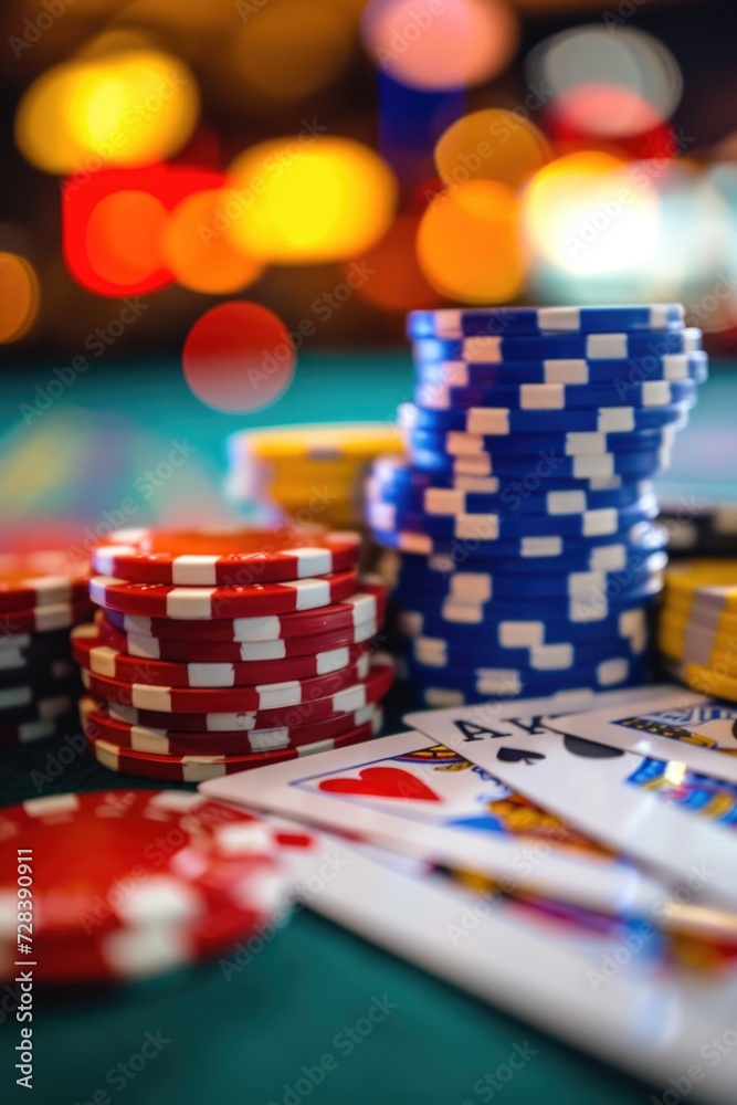 Poster a table covered with a multitude of poker chips. perfect for casino-themed events and gambling-relat
