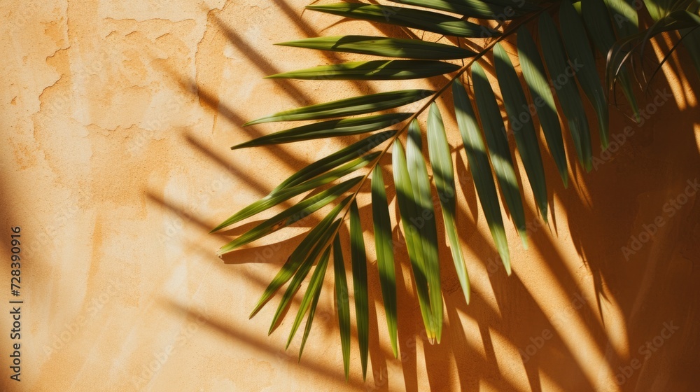 Poster A palm leaf casts a shadow on a wall. Perfect for adding a touch of nature to your designs