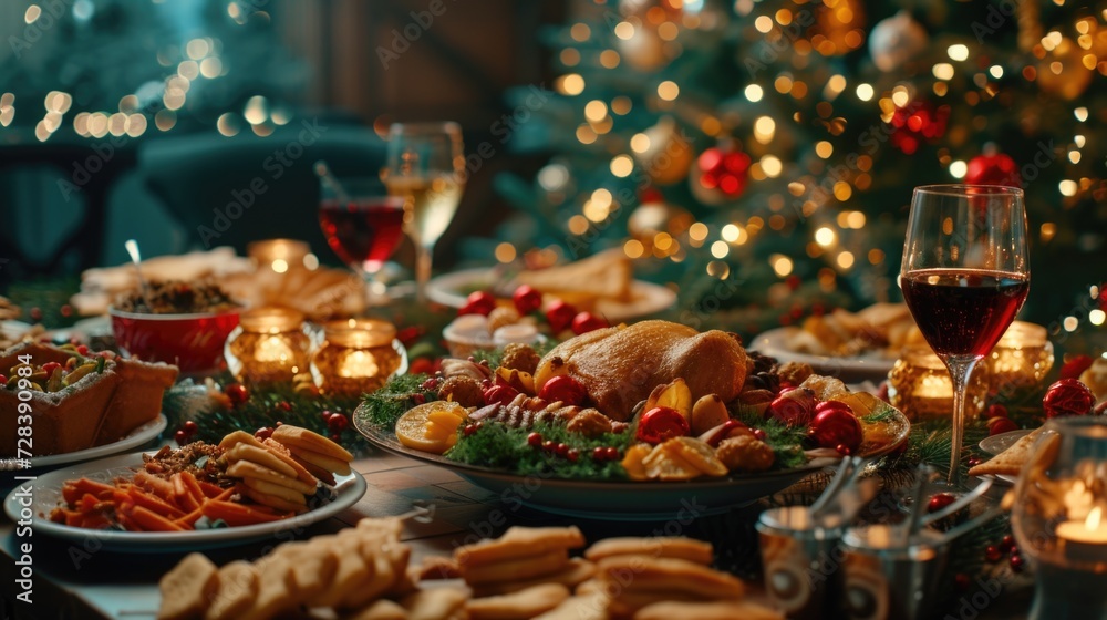 Poster a table filled with plates of food and glasses of wine. suitable for various occasions