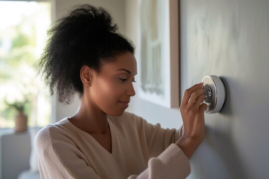 A woman is seen adjusting a knob on a wall. This versatile image can be used to illustrate concepts such as home improvement, interior design, or technology
