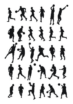 Big set of male basketball players silhouettes, athletes runners. Basketball, athletics, running, cross, sprinting, jogging