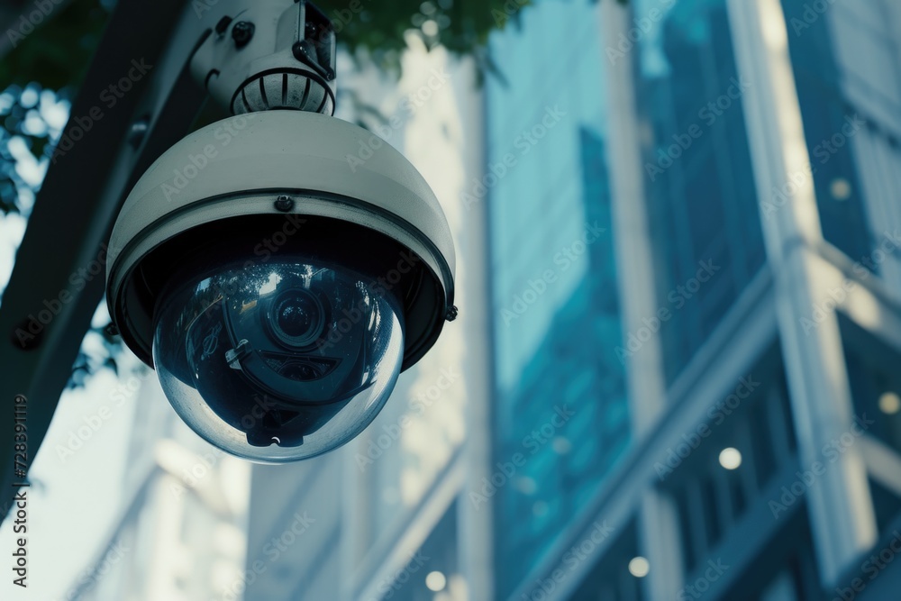 Poster a camera mounted on the side of a building, providing surveillance and monitoring capabilities. suit