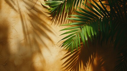 A palm tree casts a shadow on a wall. This image can be used to depict tropical vibes or add a touch of nature to any setting