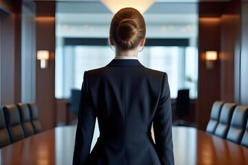 Businesswoman standing with her back turned in a conference room looking at empty chairs