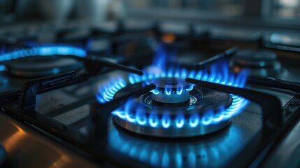 A detailed view of a gas stove with vibrant blue flames. Perfect for cooking or heating purposes