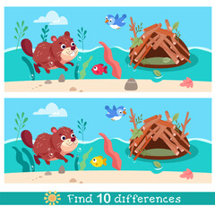 Cute stylised beaver swimming in river near hut. Find 10 differences. Educational puzzle game for children. Cartoon funny animals, plants. Vector illustration. © AngArt