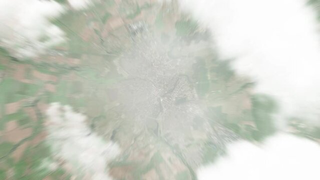 Earth zoom in from space to Sumy, Ukraine. Followed by zoom out through clouds and atmosphere into space. Satellite view. Travel intro. Images from NASA