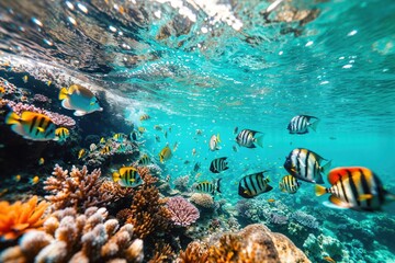 Naklejka na ściany i meble A mesmerizing display of marine life as a school of colorful fish gracefully swim through the crystal clear waters of the vibrant coral reef