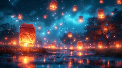 Glowing Lanterns in the Sky A Magical Nighttime Experience Generative AI