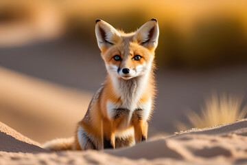 Curious red fox in the desert, exploring the arid landscape under the setting sun