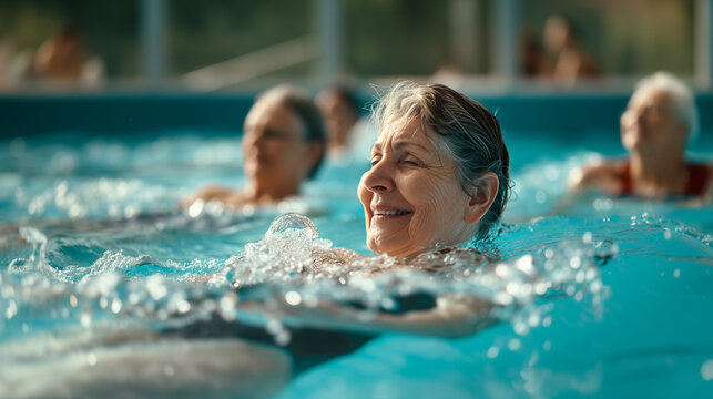 Active senior women doing water aerobics,