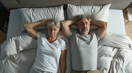 Unhappy mature couple, middle age man and woman, lying in bed, expressing sadness and distress, top view