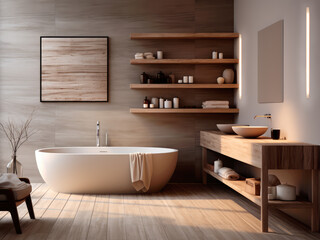 Fototapeta na wymiar Modern bathroom with minimalist design, with noble materials.