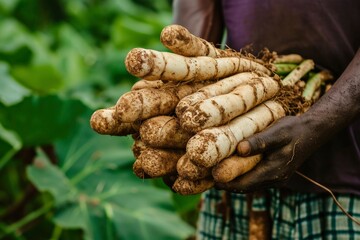 Close-up of a hand holding a cassava. Farmer's hand holding cassava during harvest. Farmer is harvesting in the field