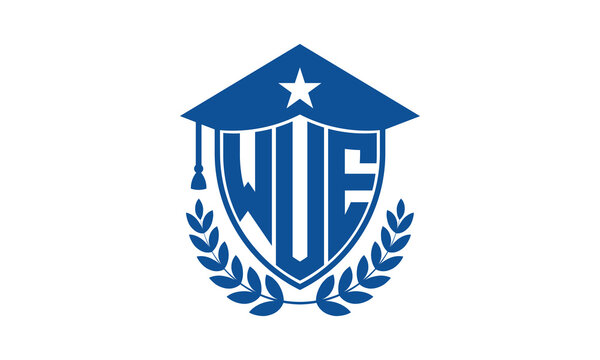 WUE three letter iconic academic logo design vector template. monogram, abstract, school, college, university, graduation cap symbol logo, shield, model, institute, educational, coaching canter, tech