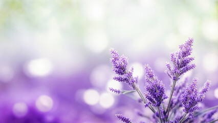 Obraz premium A close-up of lavender flowers with a blurred background. The flowers have a purple hue and are surrounded by greenery