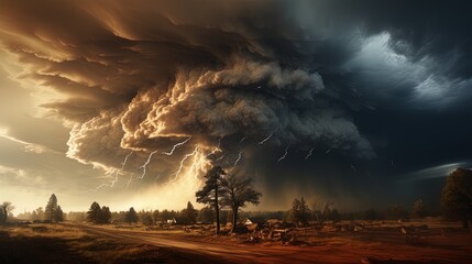 Dramatic stormy weather with a powerful tornado and lightning, capturing the intensity of nature's forces