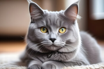 Gray Cat with Yellow Eyes, Curious Expression on White Background. Soft Fur, Fluffy Tail