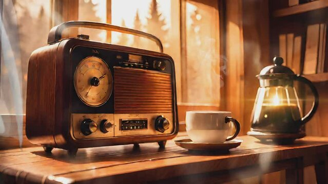 vintage radio and a cup of tea on a wooden table near windows and curtains.