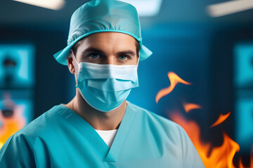 Fototapeta na wymiar Male surgeon in operating room with flames, wearing blue uniform, mask, cap, serious expression