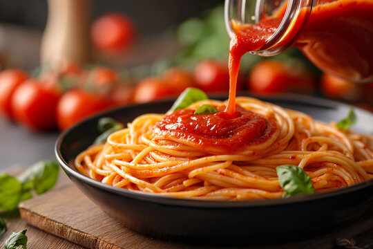 Ketchup is poured onto pasta in a plate from a glass jar.