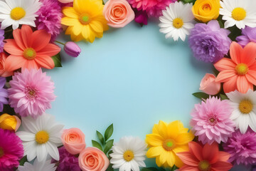 Colorful Flower Frame on Blue Background for Spring and Summer Designs