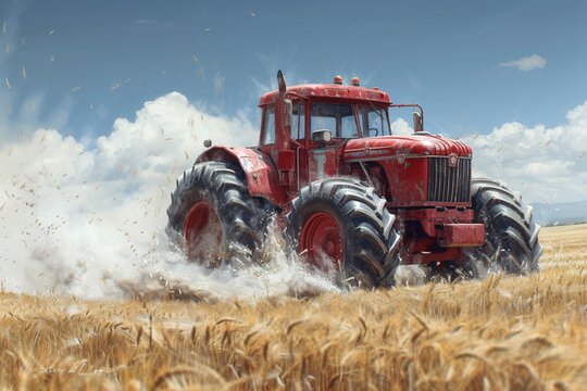 Red Tractor in the Field A Tribute to the Monthly Event of 'Tractor Day' and the Current Trend of Sustainable Agriculture Generative AI